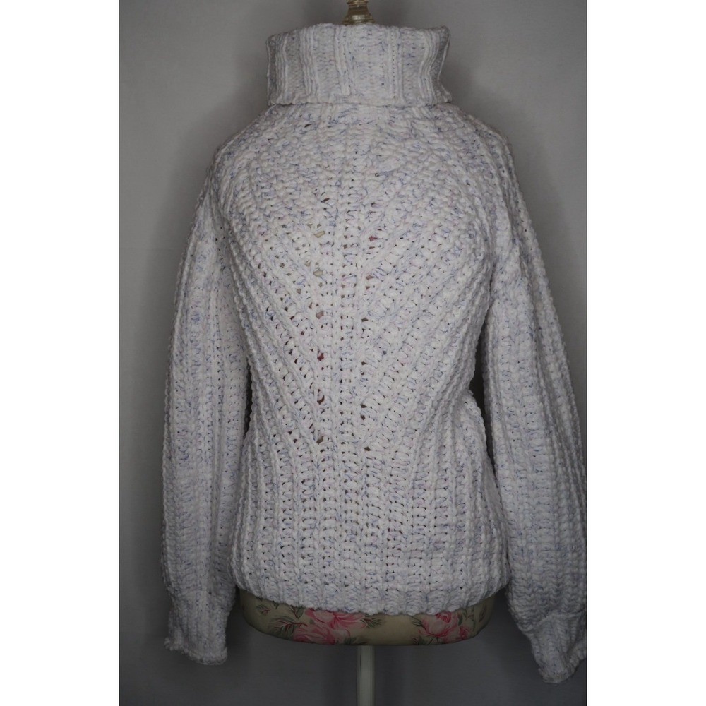 POL SMST289 Chunky Cable Knit Turtleneck Sweater White Speckled Balloon Sleeve M - Picture 2 of 8